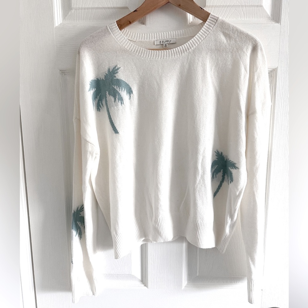 Z Supply Ivory Sweater with Teal Palm Trees